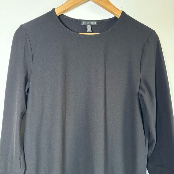 Eileen Fisher Womens Medium Black Tunic Blouse Curved Hem Minimalist Lagenlook - Picture 2 of 11